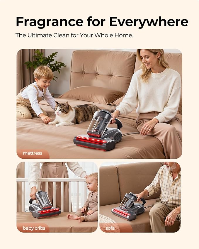 JIGOO J300 Pro Matture Vacuum Cleaner with 14Kpa 550W Powerful Suction Infrared UV &amp Heating Tech for Deep Cleaning Anti-Allergen Bed Vacuum with Dust Sensor &amp Plant Fragrance for Bed Sofa