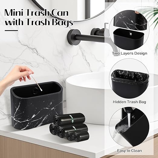 Small Bathroom Trash Can with Lid Press Top 2.8 Gallon Black Slim Plastic Garbage Can with Pop-Up Lid Mini Desktop Trash Can Toilet Brush Holder and 135 Count Various Size Trash Bags