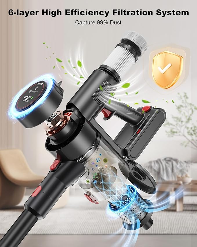 Cordless Vacuum Cleaner Stick Vacuum Rechargeable 550W 45KPA Powerful Suction Lightweight Vacuum Cleaners for Home Anti-Tangle Self Standing for Pet Hair Hardwood Floor Carpet - Sliver