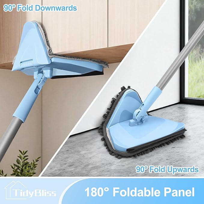 Wall Cleaner Mop with 80” Long Handle 360° Swivel Ceiling Duster Scrubber with Collapsible Head Baseboard Cleaning Tool with 4 Chenille and 2 Microfiber Pads for Windows Floor (Blue)
