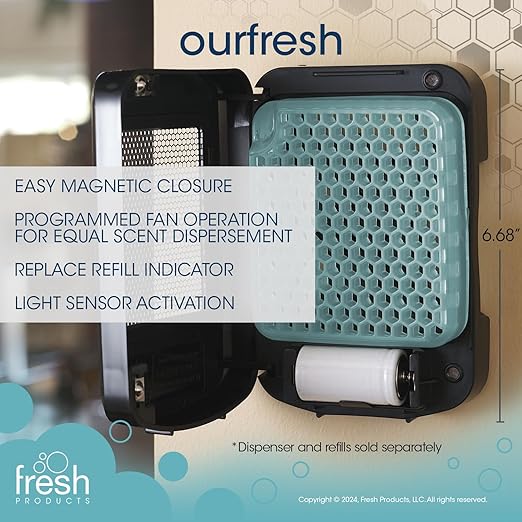Fresh Products ourfresh 2 Air Freshener Replace Metered Aerosol with Dry Fragrance 30 Day Use Medium Sized Spaces Light Activated Battery Operated Batteries Included Spa Minerals 8 pk