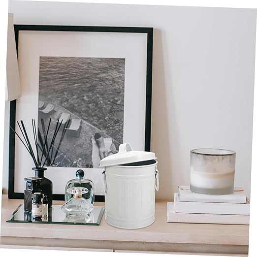 Tofficu Cartoon Trash Can for Desktop Metal Wastebasket Lid Handle for Home Office Living Small Iron Trash Bin