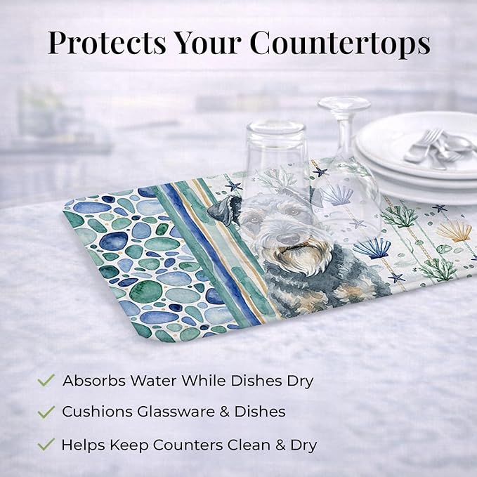 Caroline's Treasures Kerry Blue Terrier Coastal Sea Glass Dish Drying Mat Absorbent Dish Drying Mat Pad for Kitchen Counter Dish Drainer Mat for Countertop 14 x 21 Multicolor