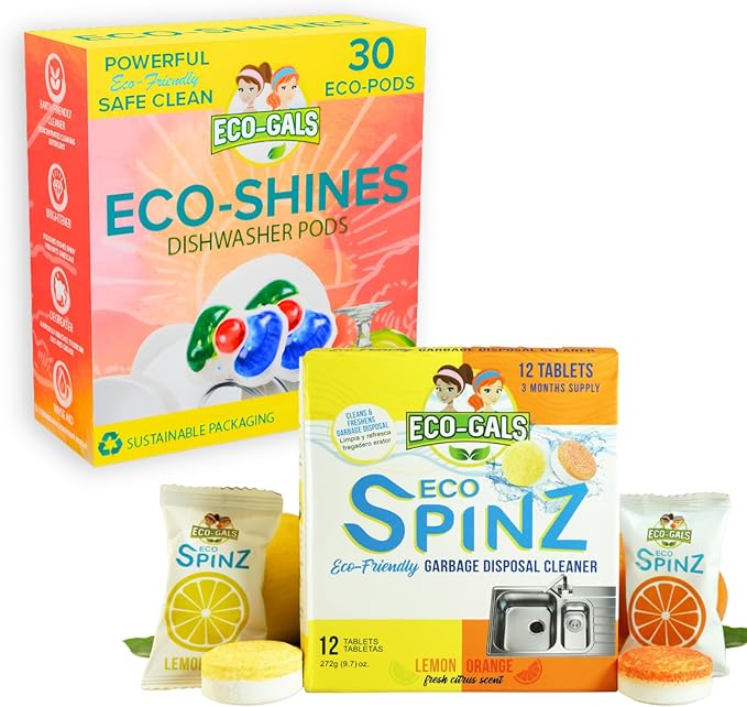 Eco-Spinz Disposal Cleaner and Deodorizer for Kitchen Drains and Sinks Plus Eco-Shines Dishwasher Detergent 3 in 1 Power of Liquid Powder and Gel for Brighter Cleaner Dishes