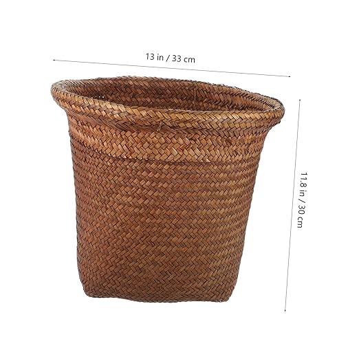 Happyyami Waste Holder Straw Woven Waste Paper Basket Decorative Small Wastebasket for Home