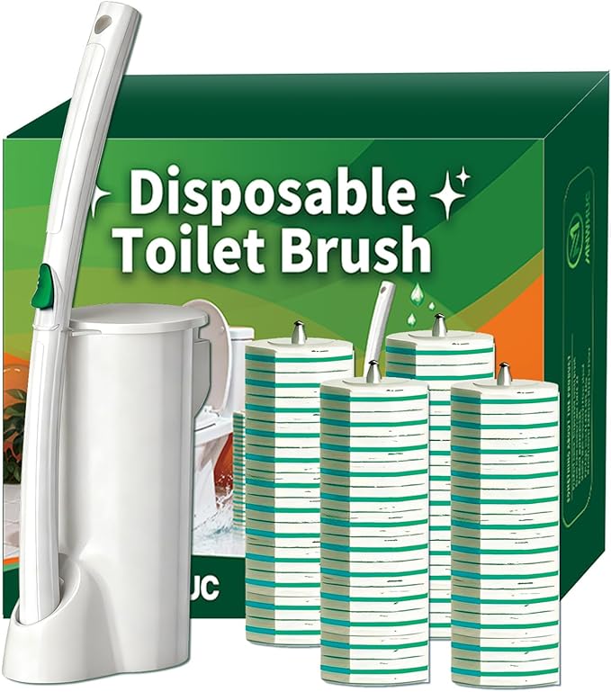 Disposable Toilet Brush Toilet Bowl Cleaning System with 48 Count Wand Refill Clean Brush Starter Kit with 1 Toilet Wand 1 Storage Caddy and 1 wall Sticker (White)