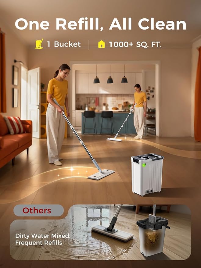 Mop and Bucket Set | Auto-Spray Cleaning | Dirty Water Separation Keep Water Fresh | Flat Mop &amp Bucket with Scraper | 3X Washable Pads | Mops for Floor Cleaning All Floors Tile Wall Window