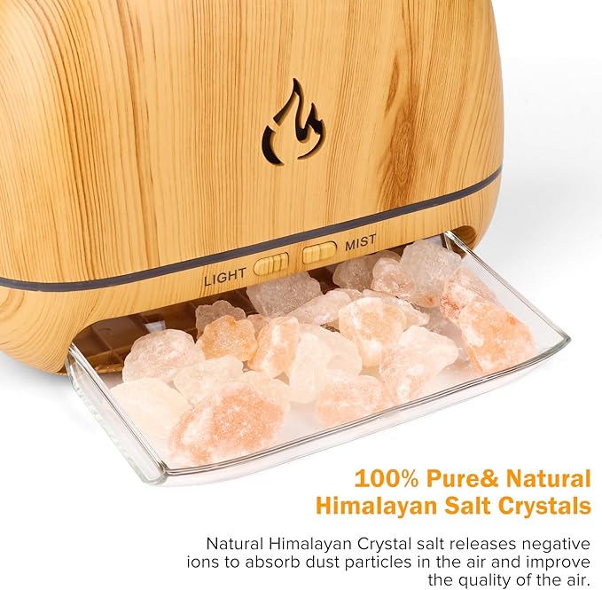 3-in-1 Ultrasonic Essential Oil Diffuser &amp Himalayan Salt Lamp Diffuser &amp 7 Colors Changing Oil Diffuser100% Pure Himalayan Pink Salt Rock Waterless Auto off-200ml (Wooden Grain)
