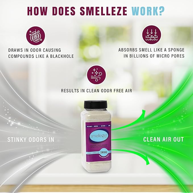 SMELLEZE Natural Cigarette Odor Eliminator Deodorizer: 2 lb. Powder Removes Smoking Stink