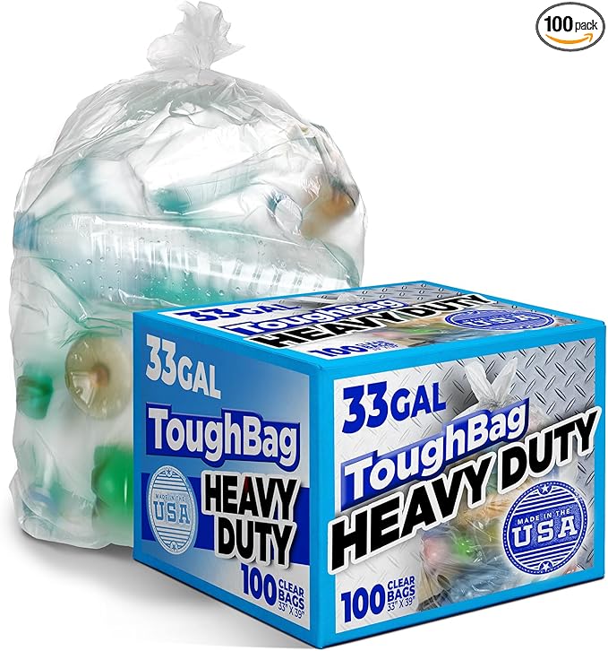 ToughBag 30-33 Gallon Clear Trash Bags (100 Count) Recycling Bag Garbage Can Liners – Clear Trash Bags 30+ Gallon - Made In USA