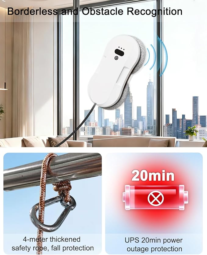 Window Cleaning Robot Automatic Window Cleaner Robot with Dual Spray-50ml Tank Edge Detection Intelligent Path Planning 3000pa Strong Suction Anti-Drop Protection
