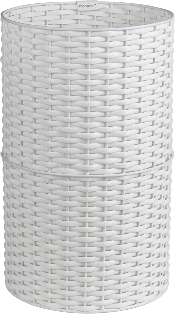 happimess HPM1100D Cecil Modern 4.13-Gallon Faux Wicker Cylinder Waste Basket White for Home Bathroom Living Room Office Bedroom Kitchen
