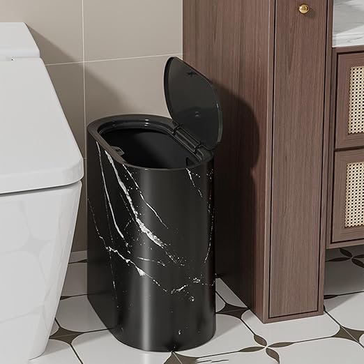 Bathroom Garbage Can with Lid Plastic Marble Wood Pattern Trash Can Modern Waste Basket for Home Indoor Hote Small Garbage Bin Narrow Kitchen Trash Can Durable &amp Space-Efficient (Black)