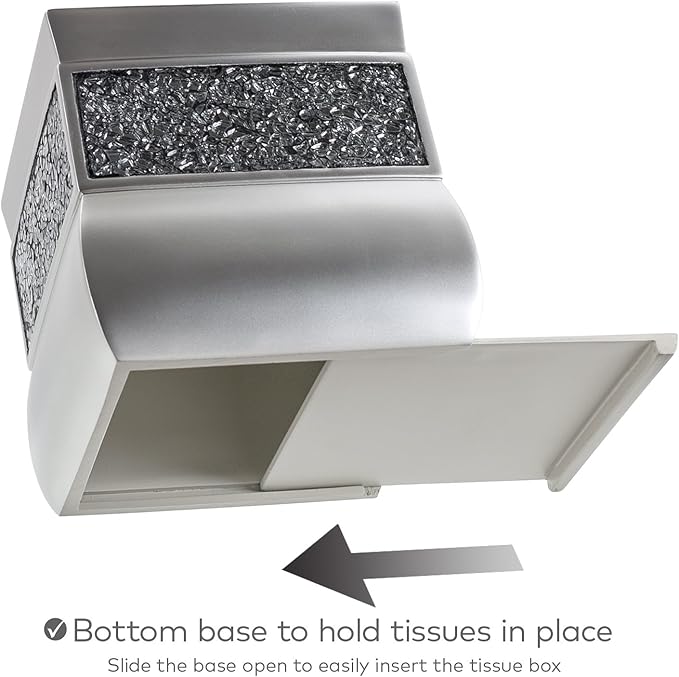 Creative Scents Crackled Glass Silver Tissue Box Cover Square - Decorative Tissue Box Holder - Tissue Holder Vessel for Bathroom with Durable Bottom Slider Elegant Home or Bathroom Decor