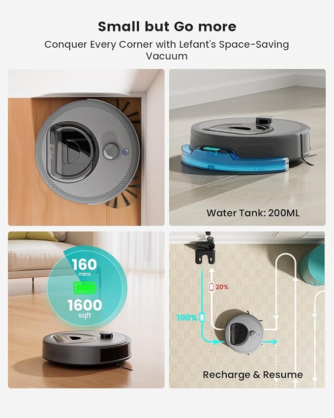 Lefant LiDAR Robot Vacuum and Mop Smart Mapping and Obstacle Avoidance Tangle-Free Pet Hair 2.4G/5G WiFi App Control Slim Design for Wider Coverage Carpet Detection M330 Pro Grey