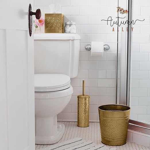 Autumn Alley Antique Gold Trash Can Hand Crafted Bin Round Bathroom Trash Can Open-Top Gold Garbage Can for Bedroom Home Office - Modern Waste Basket Stylish Metal Modern Bathroom Décor