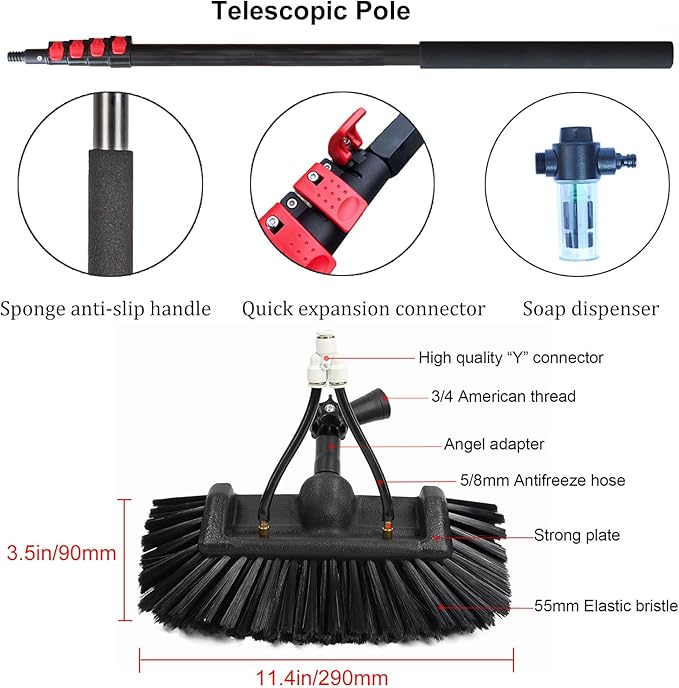 3.6-10.8m Washing Kit Window Cleaning Pole Water-fed Brush Window Cleaning Pole Water Fed Telescopic Brush Window Cleaner Equipment for Home and Commercial Window Cleaning (5.4M)