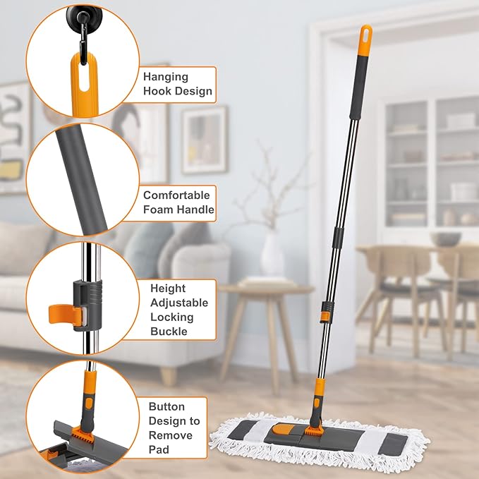 MASTERTOP Dust Mop for Floor Cleaning Microfiber Floor Mop with 2 Washable Pads Height Adjustable Long Handle 26.4'' Dry and Wet Flat Mop for Hardwood Laminate Tile Marble