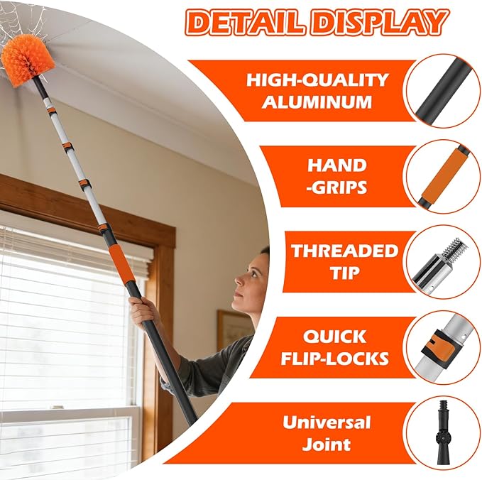 16FT Reach High Ceiling Duster Kits with 3-12FT Adjustable Pole - Includes Extra Long Duster High Ceiling Duster Rotatable Window Squeegee &amp Cobweb Duster for Ceiling Fans and Whole House Cleani
