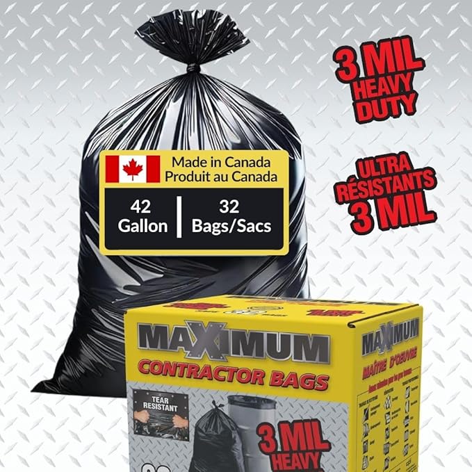 Maximum Heavy Duty Garbage Bags 42-Gallon 3 Mil Black Garbage Bags Extra Large Tear Resistant Industrial Strength 32 Counts