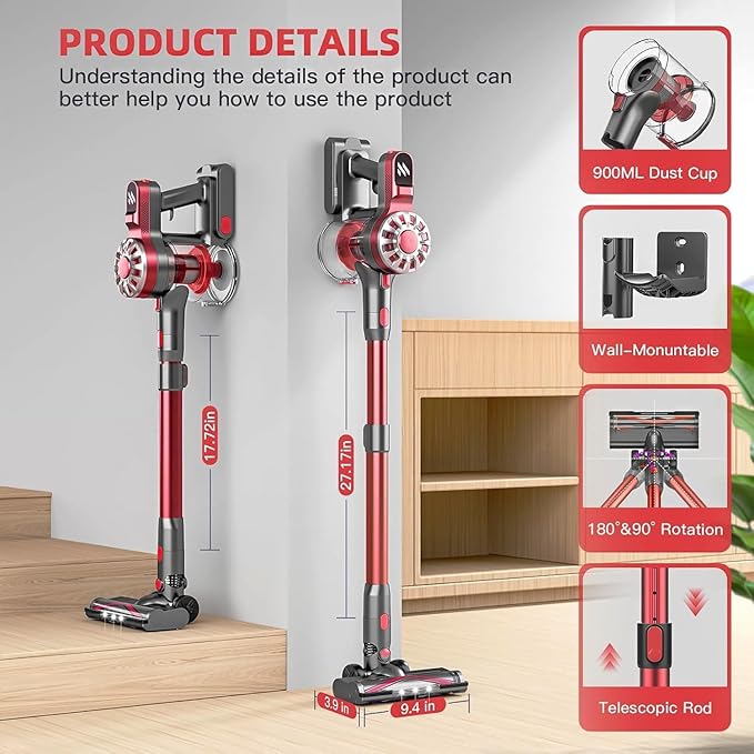 Cordless Vacuum CleanerVacuum Cleaners for Home with Super SuctionLightweight Stick Vacuum with 35 Mins RuntimeRechargeable Cordless Vacuum for Carpet Tile Pet Hair Hardwood Floors(Red Grey)