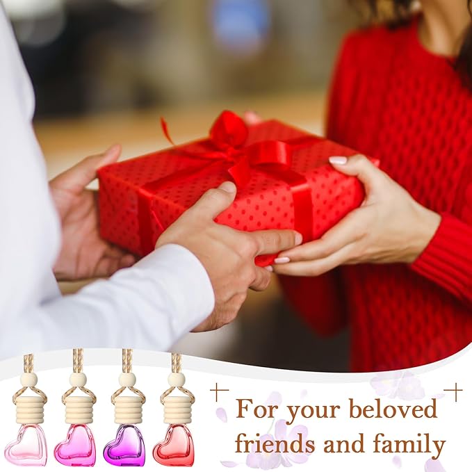 Rtteri 100 Pcs Hanging Car Air Freshener Diffuser Bottles Empty Glass Perfume Diffuser Vials Refillable Oil Aromatherapy Pendant with Wooden Caps and Hanging String for Car Home Office Decor(Heart)