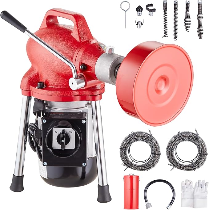 VEVOR Drain Cleaner Machine 120FT x 5/8 Inch 370W Electric Sewer Snake Auger Manual Feed - with 2 Sectional Steel Cables(120' x 5/8 and 23' x 3/8) 7 Cutters and CW/CCW Control for 1.6 to 4 Pipes