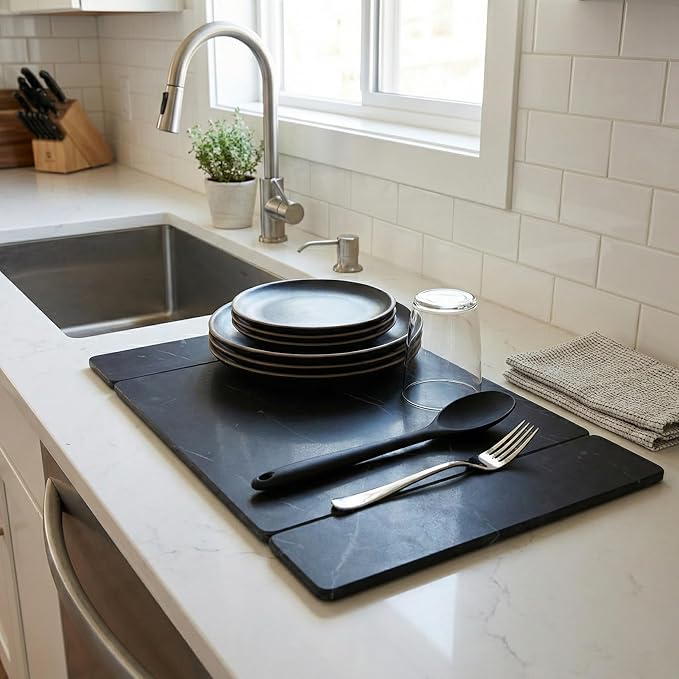 Selegna Collapsible Stone Drying Mat for Kitchen Counter – Tri-Panel Dish Drying Mat Made from Diatomaceous Earth | Quick Dry Diatomite Mat for Sink Countertop &amp Dishes (Charcoal)