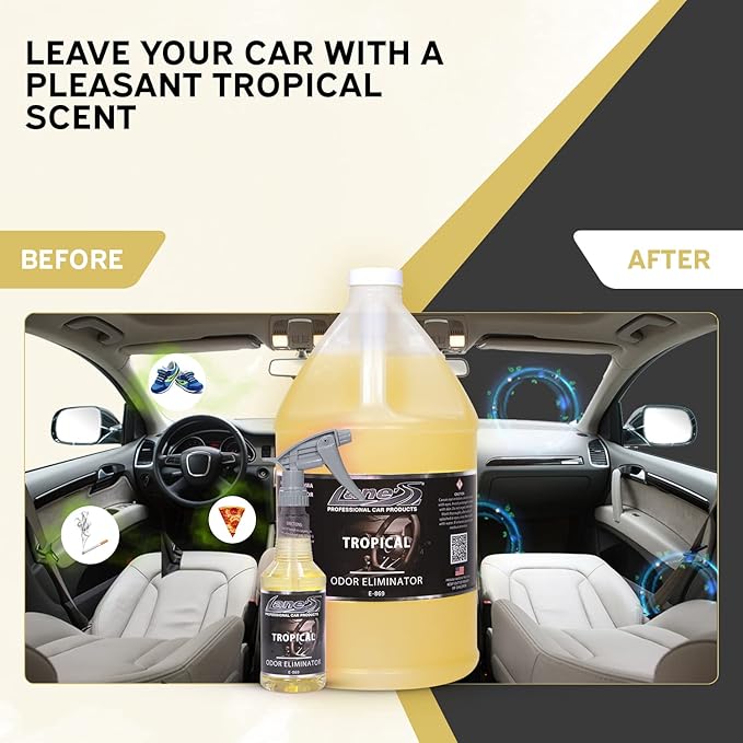 Lane's Premium Car Air Fresheners - Tropical Odor Eliminator Scent - 32oz Eliminate Bad Odors of Pet &amp Food From Car Interior Leather Carpet Upholstery Great For Cars Trucks SUVs RVs &amp Mo