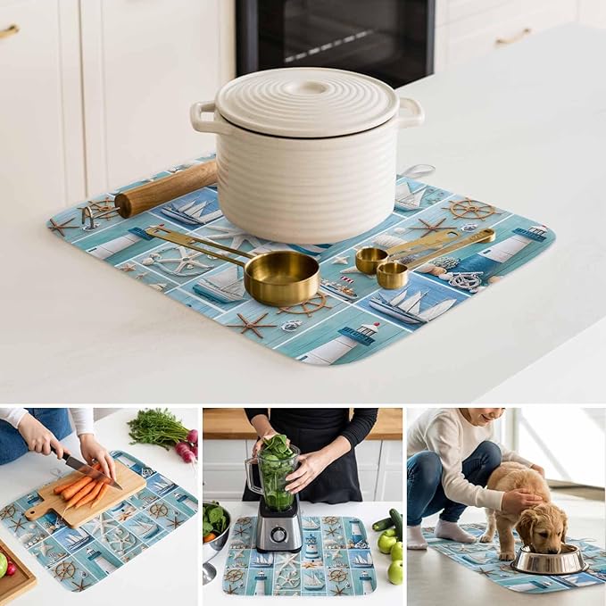Blue Check Nautical Dish Drying Mat 16 x 18 Inch Lighthouse Coastal Absorbent Microfiber Coffee Mats for Kitchen Starfish Anchor Wooden Quick Drying Dish Drainer Pad 2 Pack