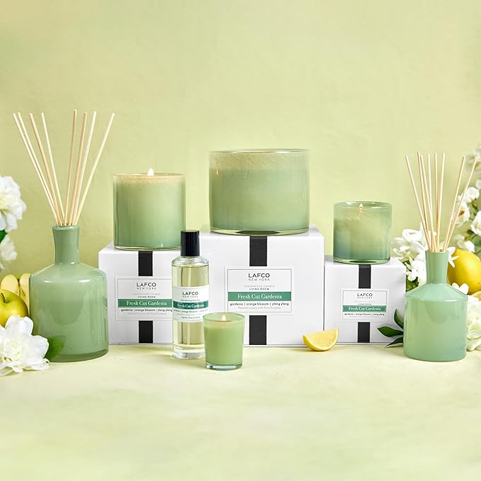 LAFCO New York Signature Reed Diffuser Fresh Cut Gardenia - 15 oz - Up to 9 Months Fragrance Life - Reusable Hand Blown Glass Vessel - Natural Wood Reeds - Made in The USA