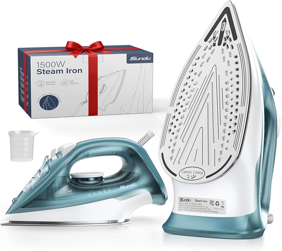 Sundu 1500W Self-Cleaning Iron for Clothes with Auto Shut-Off Ceramic Coated Soleplate and 12oz Water Tank Burst Steam for Fast Wrinkle Removal Precise Thermostat Green