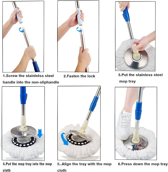 Mop and Bucket Set 360° Spin Mop and Bucket with Wringer Set and 3 Microfiber Mop Refills Stainless Steel 61'' Extended Handle Spinning Mop Bucket System for Floor Cleaning