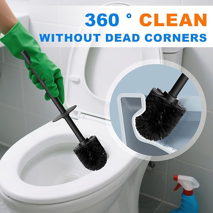 304 Stainless Steel Toilet Bowl Brush and Holder Set Circular Floor Toilet Brush Holder Long Handle Bathroom Heavy-Duty Cleaner High-End Cylinder Wall2 Brush Head (Black) YIGUANXIN