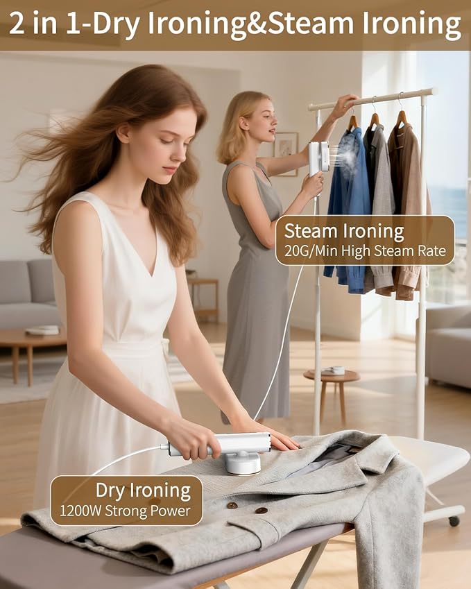 Steamer for Clothes 2-in-1 Steam Iron for Clothes 1200W Handheld Steamer 10s Heat-Up Travel Steamer Fast Wrinkle Removal Portable Garment Steamer for Home - White 110-120V