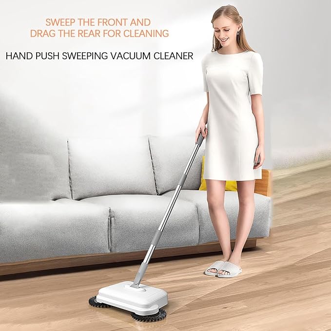 Hand Push Sweeper 2 in 1 Wet Dry Use Manual Sweeping Mop with 360 Degree Rotating Head Lightweight Quiet Floor Cleaner for Wood Tile Hard Surfaces Includes Soft Coarse