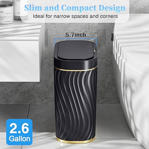 steo spce Automatic Motion Sensor Bathroom Small Trash Can with Lid 2.6 Gallon Black Touchless Slim Garbage Can Smart Waterproof Trash Bin for Bedroom Restroom Living Room Office