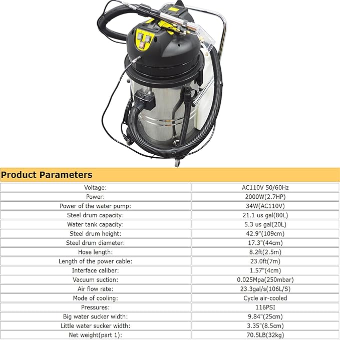 80L Carpet Cleaner Machine Vacuum Cleaner 3 in 1 Carpet Extractor Machine for Carpets Curtains Sofas 2000W110V