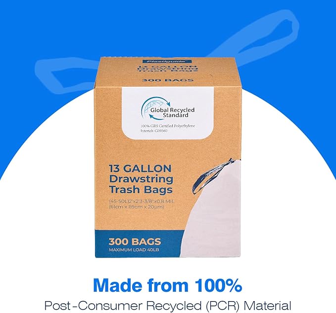 300 Count Tall Kitchen Drawstring Trash Bags 13 Gallon 100% Post-Consumer Recycled Commercial Garbage Bags GRS Compliant Unscented White