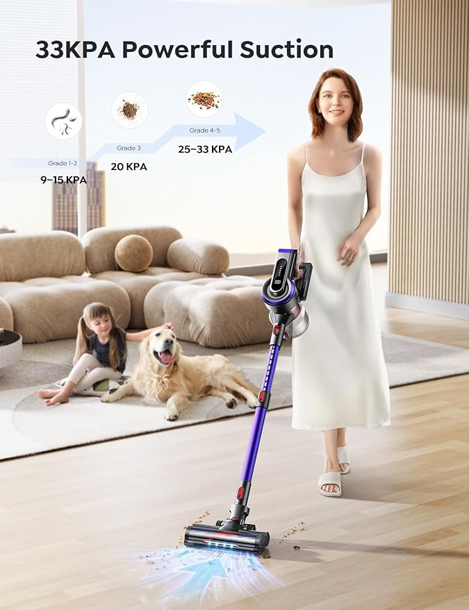 BuTure VAC Cordless Vacuum Cleaner 450W 38Kpa Max 55 Mins Vacuum Cleaners for Home with Detachable Battery Stick Vacuums with Touch Display Handheld Vacuums for Hardwood Floor Carpet Pet Hair