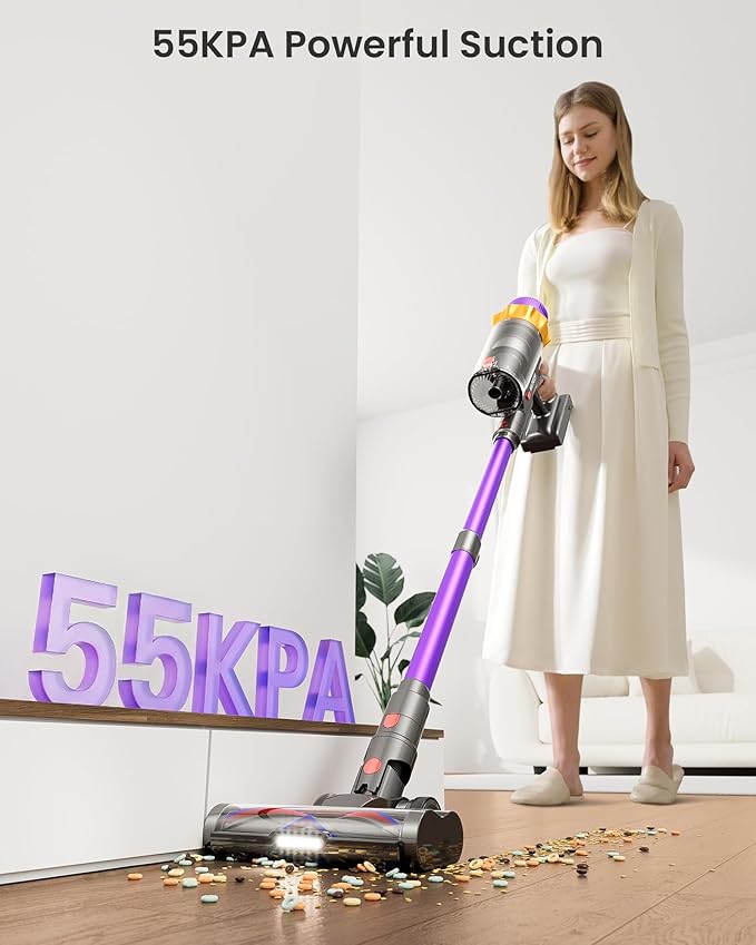 Cordless Vacuum Cleaner 650W 55KPA 70 Mins Vacuum Cleaners for Home Self-Standing Cordless Vacuum with Charging Dock Station LED Display Upgraded Anti-Tangle Stick Vacuum for Pet Hair/Carpet/Floor