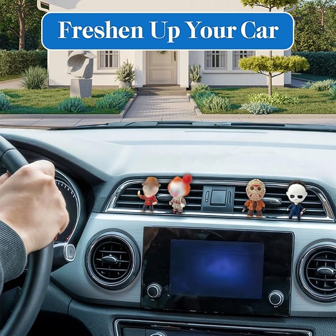 GENANY 3D Resin Horror Movie Character Car Air Freshener Spooky Air Freshener Vent Clips Horror-themed Car Accessories Funny Gifts for Women Men Horror Fans Scary Decorations