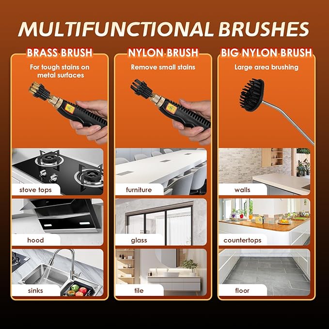 2500W Handheld Steam Cleaner Pressurized Steam Cleaning Machine with 3 Brush Heads 20s Heat Up 1L Tank Multipurpose Mini Portable Steamer for Tile Grout Furniture Kitchen Car Home