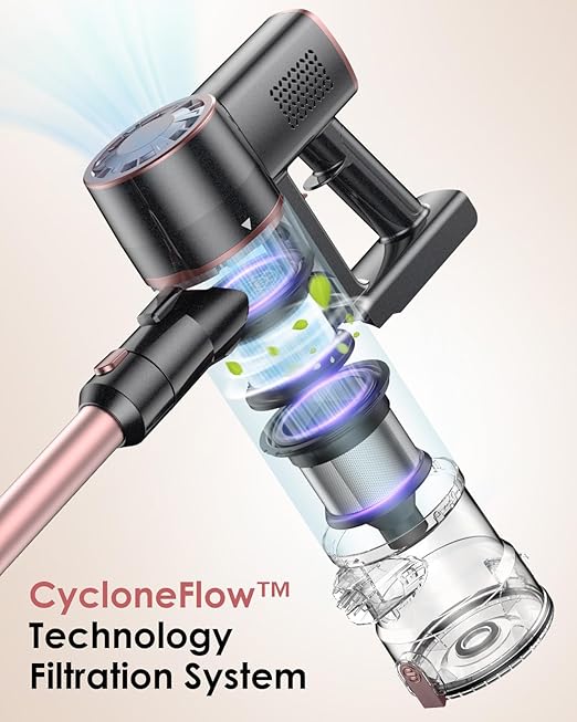Cordless Vacuum Cleaner 6-in-1 Lightweight Stick Vacuum Self-Standing 35Mins Runtime2200mAh Rechargeable BatteryLED ScreenPowerful Vacuum Cleaners for Home Hardwood Floor Carpet Pet Hair(Pink)