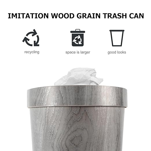 Retro Imitation Wood Grain Trash Can Wastebasket 25X25X30.7Cm Gray Plastic Garbage Container for Kitchen Bathroom Living Room Home Use