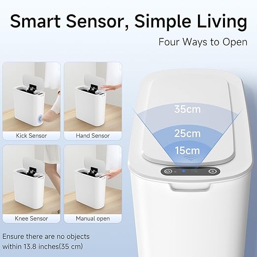 TIPGO 5 Gallon Motion Senor Bathroom Trash Can with Lid Automatic Garbage Can Touchless Smart Plastic Waste Basket for Narrow Spaces Bathroom Office Bedroom Living Room (White)
