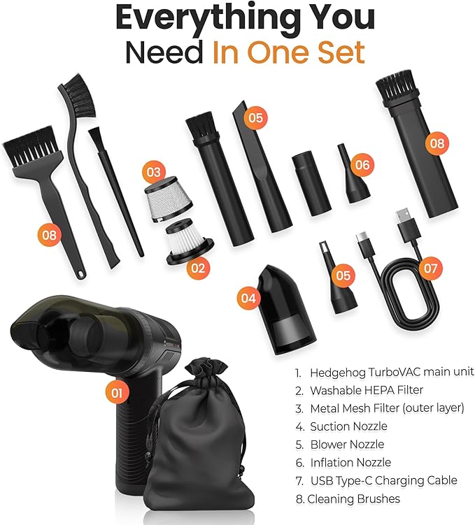Hedgehog TurboVAC 3 in 1 Portable Car Vacuum Cleaner Blower &amp Air Pump - Hand Held Vacuum Cleaner for Car with USB C Rechargeable 14000PA Powerful Suction Lightweight Dust Buster for Home &amp