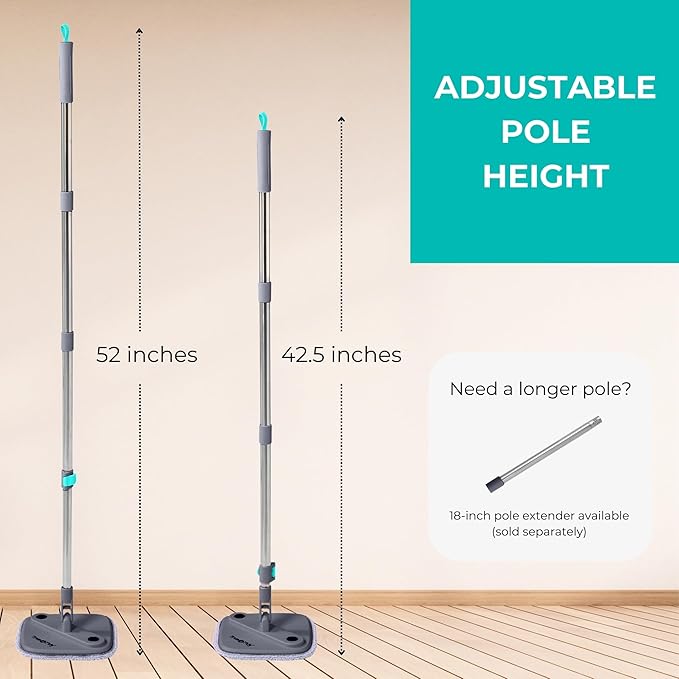 TRUE &amp TIDY Square Spin Mop &amp Bucket System – Dual Chamber for Clean &amp Dirty Water 360° Rotating Self-Wringing Mop with Built-in Scrub Brush Stainless Steel Handle &amp 2 Reusable Micro
