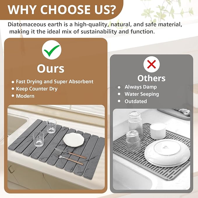 3 PCS Large Stone Dish Drying Mat for Kitchen Counter Quick Dry Stone Dishes Mats Foldable and Super Absorbent Diatomaceous Earth Drying Pad for Plate Rack Utensils 24×16 Dark Gray Marble