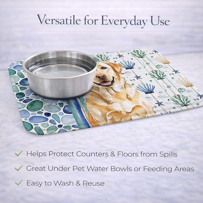 Caroline's Treasures Yellow Labrador Retriever Coastal Sea Glass Dish Drying Mat Absorbent Dish Drying Mat Pad for Kitchen Counter Dish Drainer Mat for Countertop 14 x 21 Multicolor
